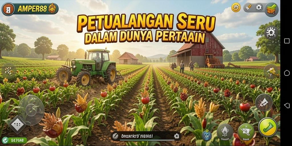 Tampilan gameplay menarik AMPER88 yang menggambarkan pertanian yang aktif.