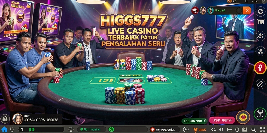 Screenshot gameplay HIGGS777 menampilkan aksi seru dan dealer profesional dalam Live Casino.