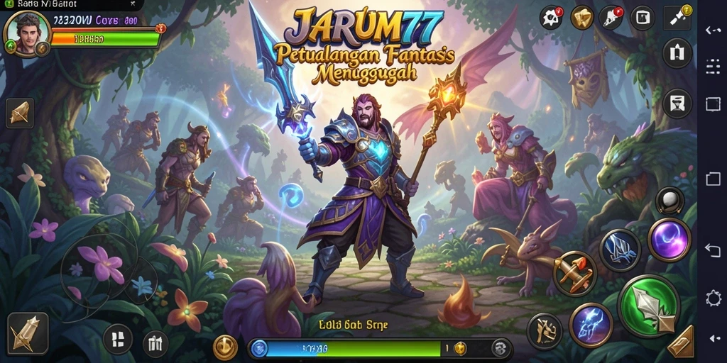 Tampilan gameplay JARUM77 yang menampilkan pertarungan epik dan karakter unik.